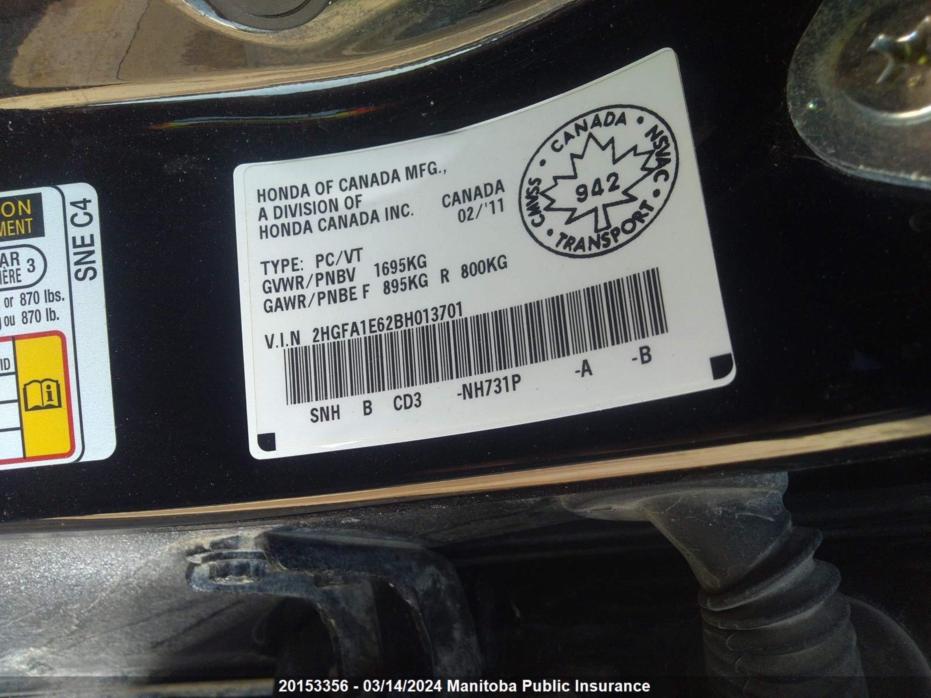 Photo 8 VIN: 2HGFA1E62BH013701 - HONDA CIVIC 