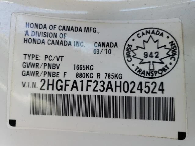 Photo 11 VIN: 2HGFA1F23AH024524 - HONDA CIVIC DX 