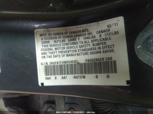 Photo 8 VIN: 2HGFA1F34BH549361 - HONDA CIVIC SDN 