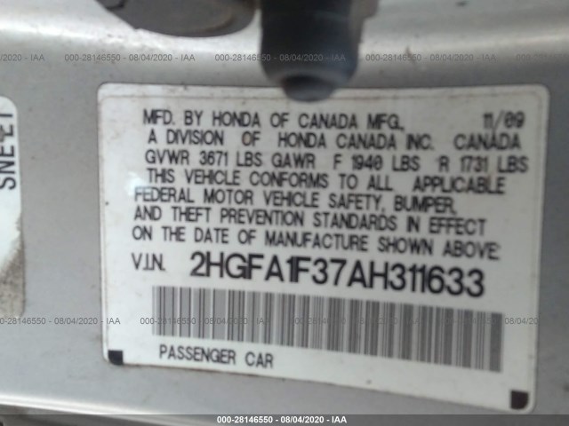 Photo 8 VIN: 2HGFA1F37AH311633 - HONDA CIVIC SDN 