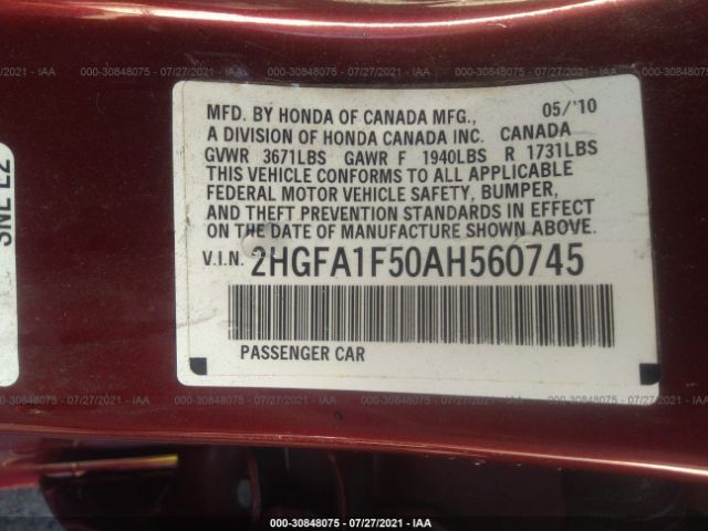 Photo 8 VIN: 2HGFA1F50AH560745 - HONDA CIVIC 