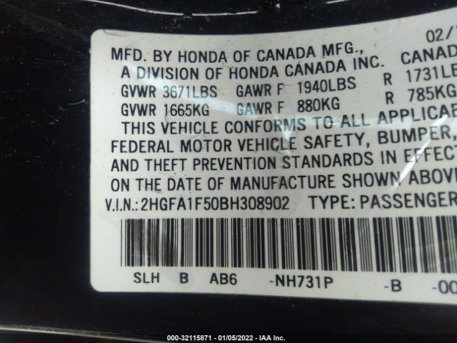 Photo 8 VIN: 2HGFA1F50BH308902 - HONDA CIVIC SDN 