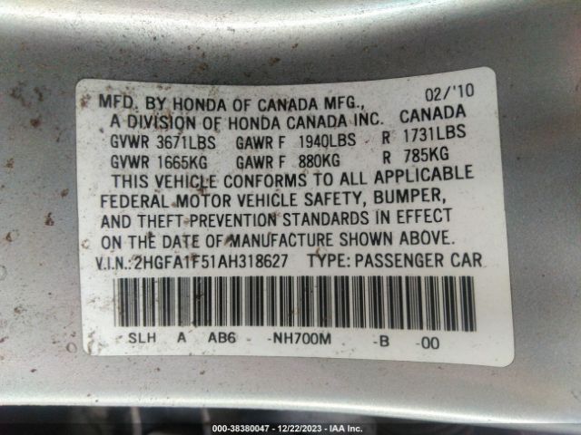 Photo 8 VIN: 2HGFA1F51AH318627 - HONDA CIVIC 