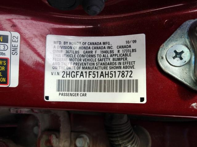 Photo 9 VIN: 2HGFA1F51AH517872 - HONDA CIVIC LX 