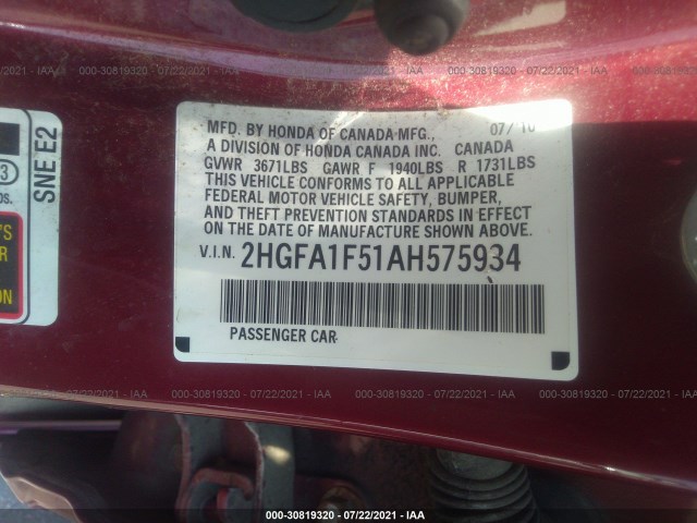 Photo 8 VIN: 2HGFA1F51AH575934 - HONDA CIVIC SDN 