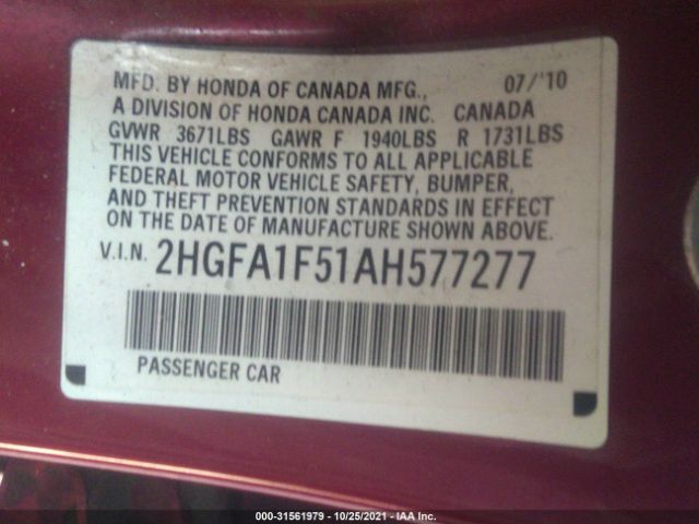 Photo 8 VIN: 2HGFA1F51AH577277 - HONDA CIVIC SDN 