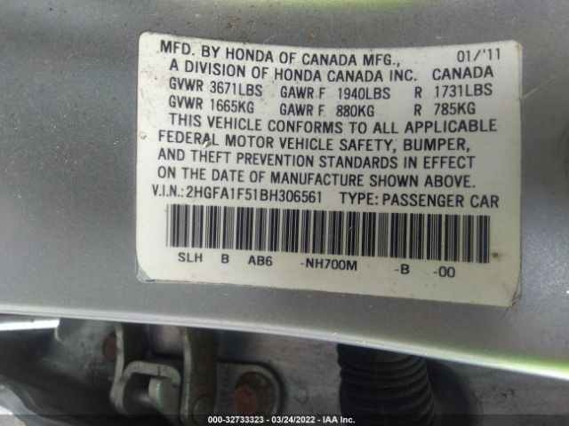 Photo 8 VIN: 2HGFA1F51BH306561 - HONDA CIVIC SDN 