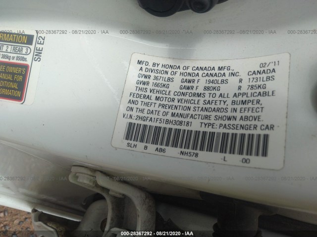 Photo 8 VIN: 2HGFA1F51BH308181 - HONDA CIVIC SDN 