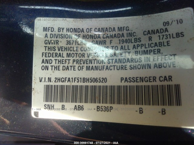 Photo 8 VIN: 2HGFA1F51BH506520 - HONDA CIVIC SDN 