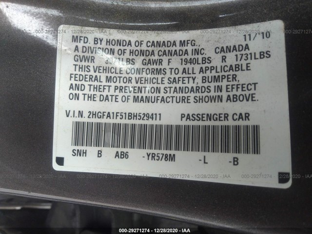 Photo 8 VIN: 2HGFA1F51BH529411 - HONDA CIVIC SDN 