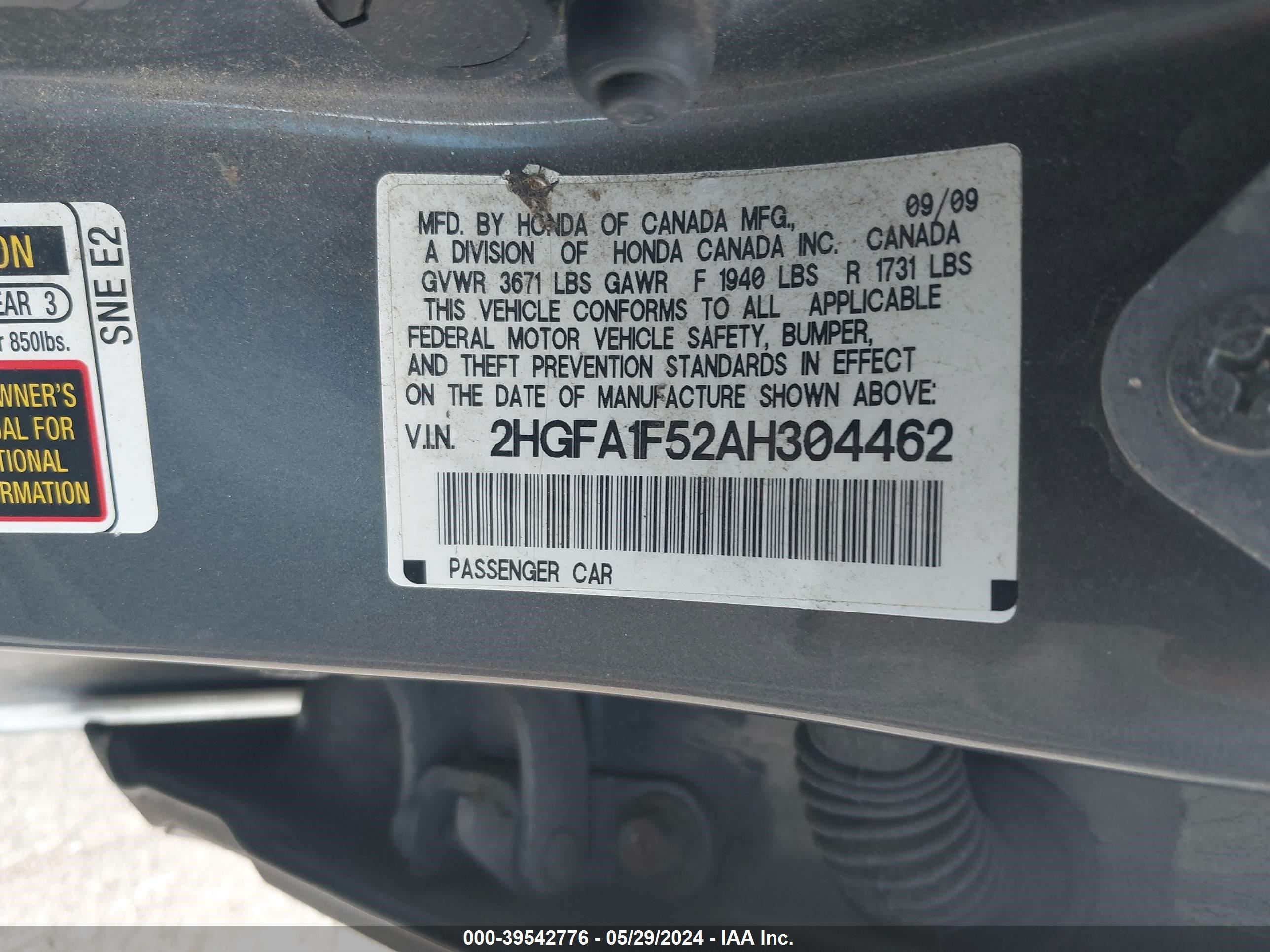 Photo 8 VIN: 2HGFA1F52AH304462 - HONDA CIVIC 