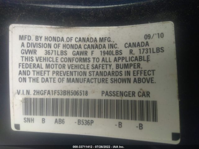 Photo 8 VIN: 2HGFA1F53BH506518 - HONDA CIVIC SDN 