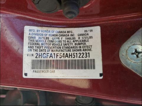 Photo 9 VIN: 2HGFA1F54AH512231 - HONDA CIVIC LX 