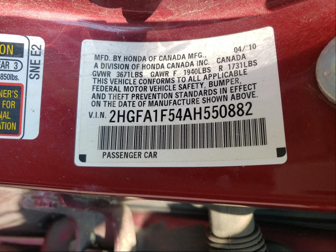 Photo 9 VIN: 2HGFA1F54AH550882 - HONDA CIVIC LX 