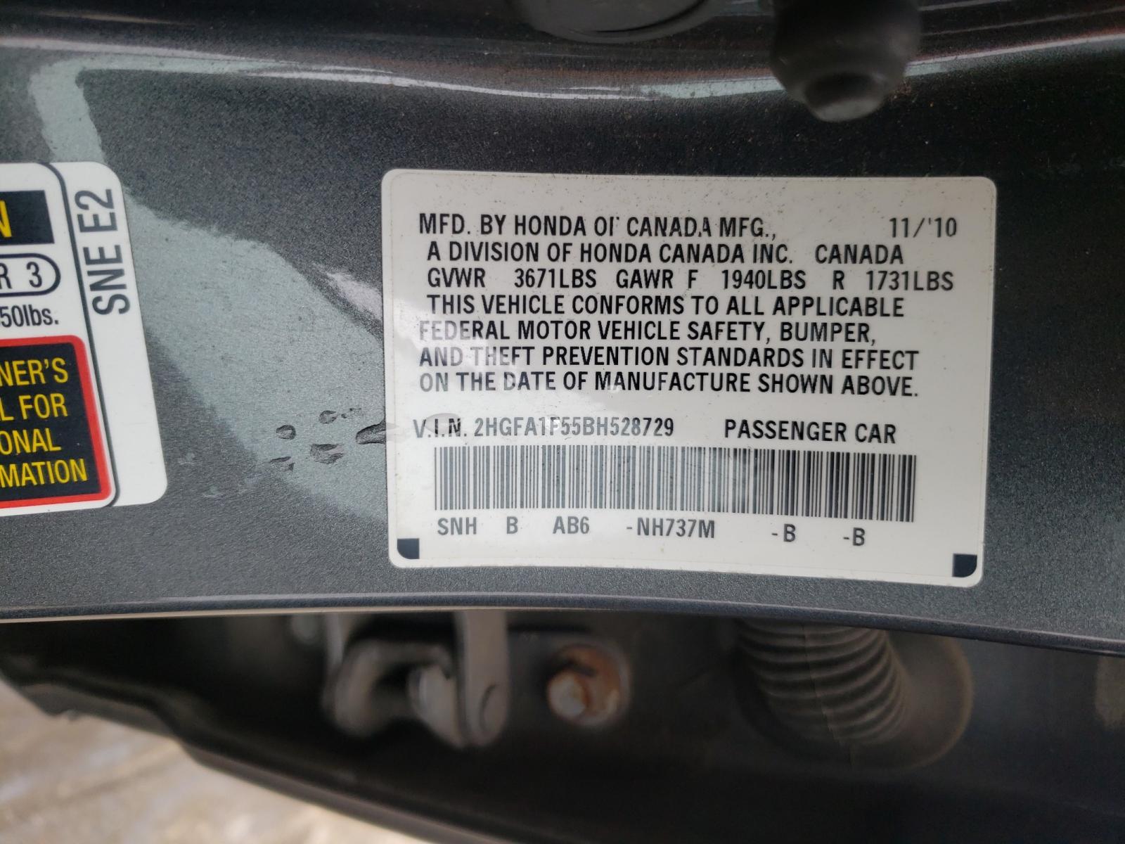 Photo 9 VIN: 2HGFA1F55BH528729 - HONDA CIVIC LX 