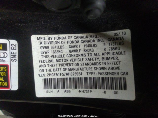 Photo 8 VIN: 2HGFA1F57AH325954 - HONDA CIVIC 