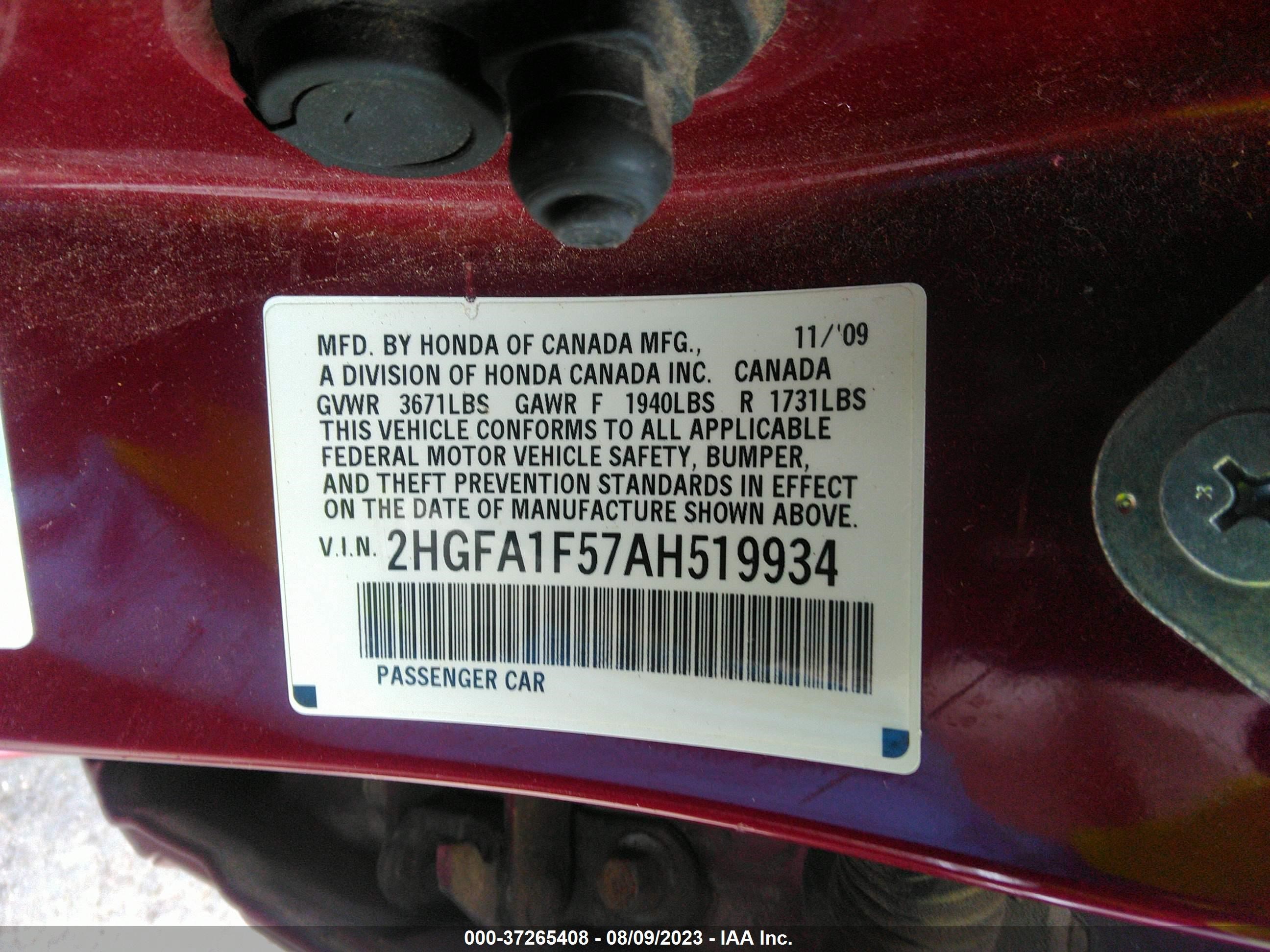 Photo 8 VIN: 2HGFA1F57AH519934 - HONDA CIVIC 