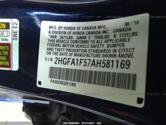 Photo 8 VIN: 2HGFA1F57AH581169 - HONDA CIVIC 