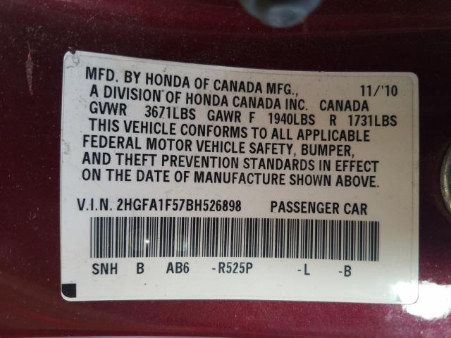 Photo 9 VIN: 2HGFA1F57BH526898 - HONDA CIVIC LX 