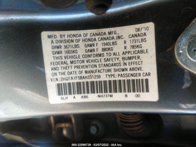 Photo 8 VIN: 2HGFA1F58AH331259 - HONDA CIVIC SDN 