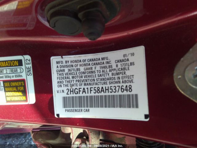 Photo 8 VIN: 2HGFA1F58AH537648 - HONDA CIVIC LX 