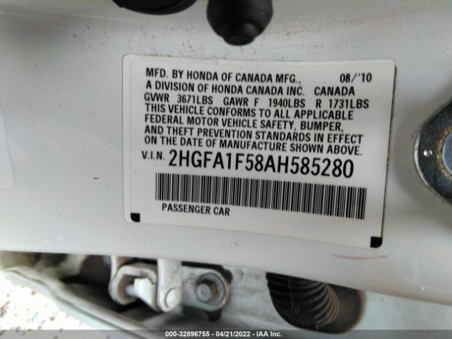 Photo 8 VIN: 2HGFA1F58AH585280 - HONDA CIVIC SDN 