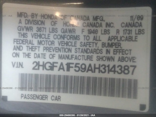 Photo 8 VIN: 2HGFA1F59AH314387 - HONDA CIVIC SDN 