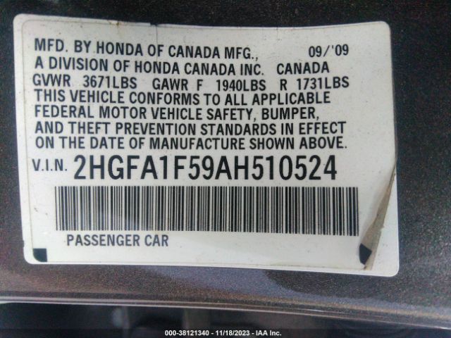 Photo 8 VIN: 2HGFA1F59AH510524 - HONDA CIVIC SDN 