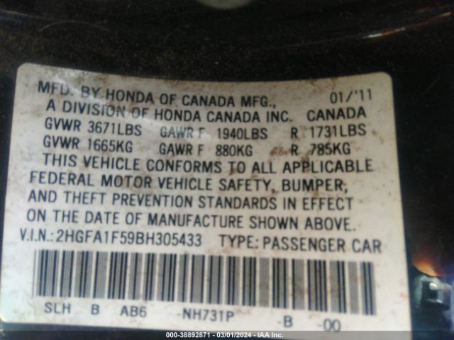 Photo 8 VIN: 2HGFA1F59BH305433 - HONDA CIVIC 