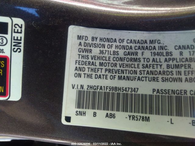 Photo 8 VIN: 2HGFA1F59BH547347 - HONDA CIVIC SDN 