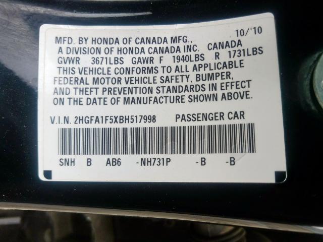 Photo 9 VIN: 2HGFA1F5XBH517998 - HONDA CIVIC LX 