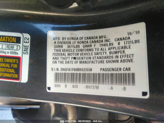 Photo 8 VIN: 2HGFA1F60BH523558 - HONDA CIVIC SDN 