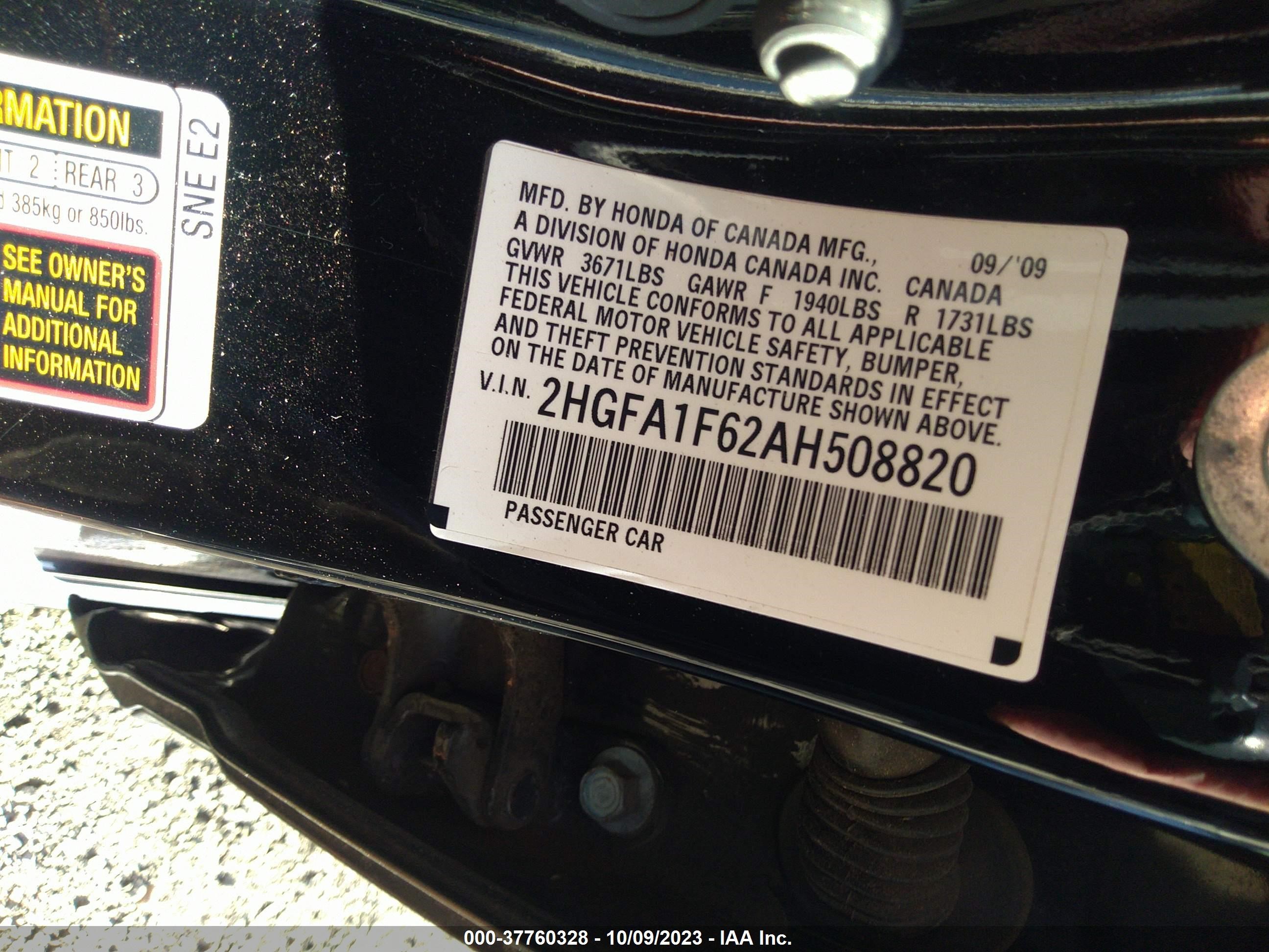 Photo 8 VIN: 2HGFA1F62AH508820 - HONDA CIVIC 