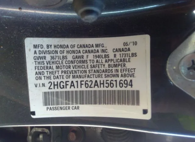 Photo 8 VIN: 2HGFA1F62AH561694 - HONDA CIVIC SDN 