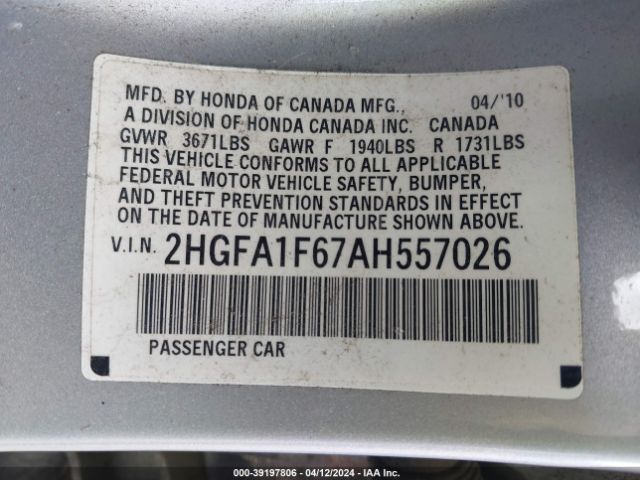 Photo 8 VIN: 2HGFA1F67AH557026 - HONDA CIVIC 