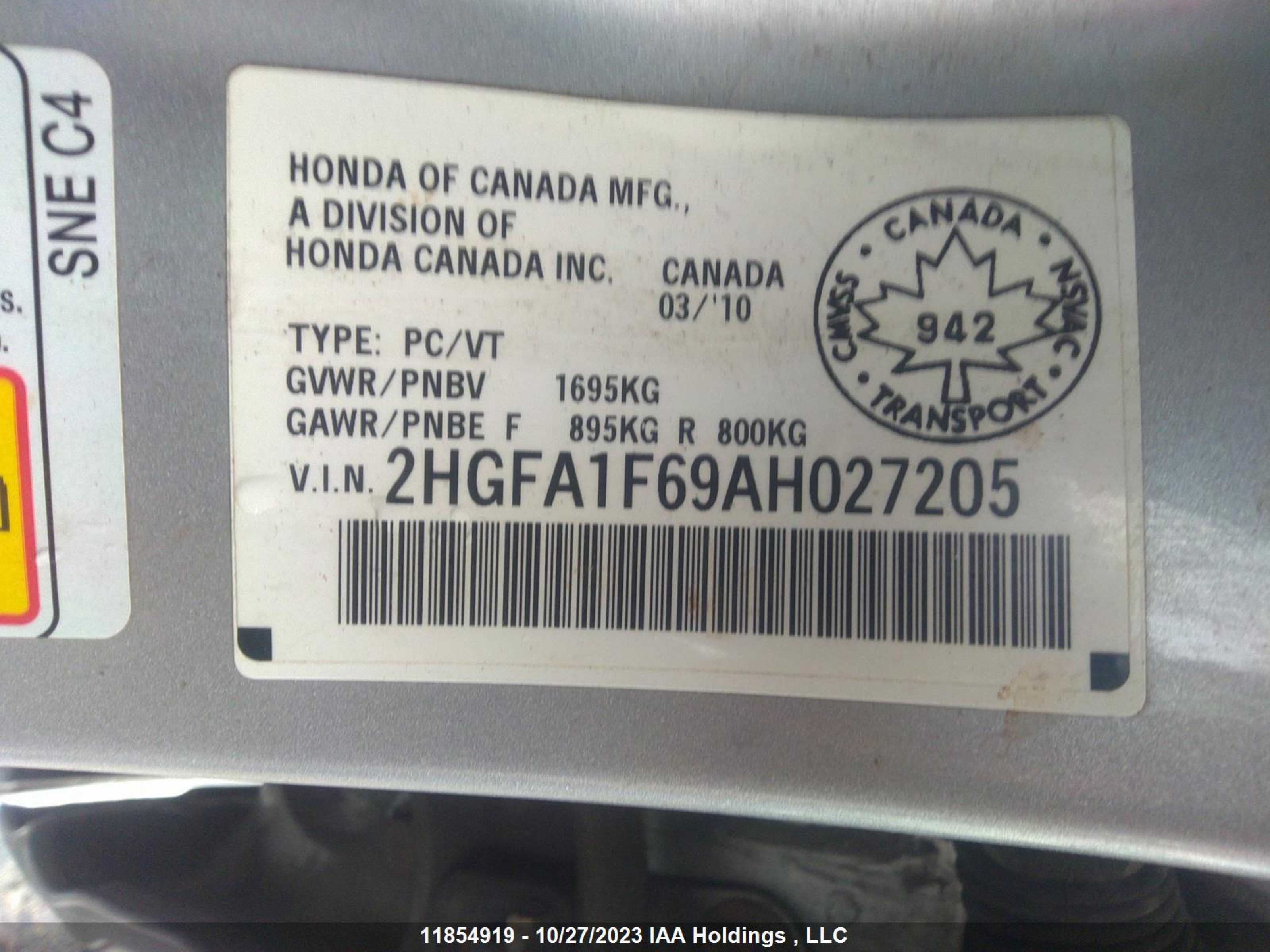 Photo 8 VIN: 2HGFA1F69AH027205 - HONDA CIVIC 