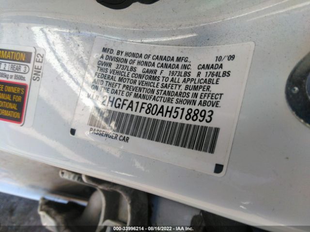 Photo 8 VIN: 2HGFA1F80AH518893 - HONDA CIVIC SDN 