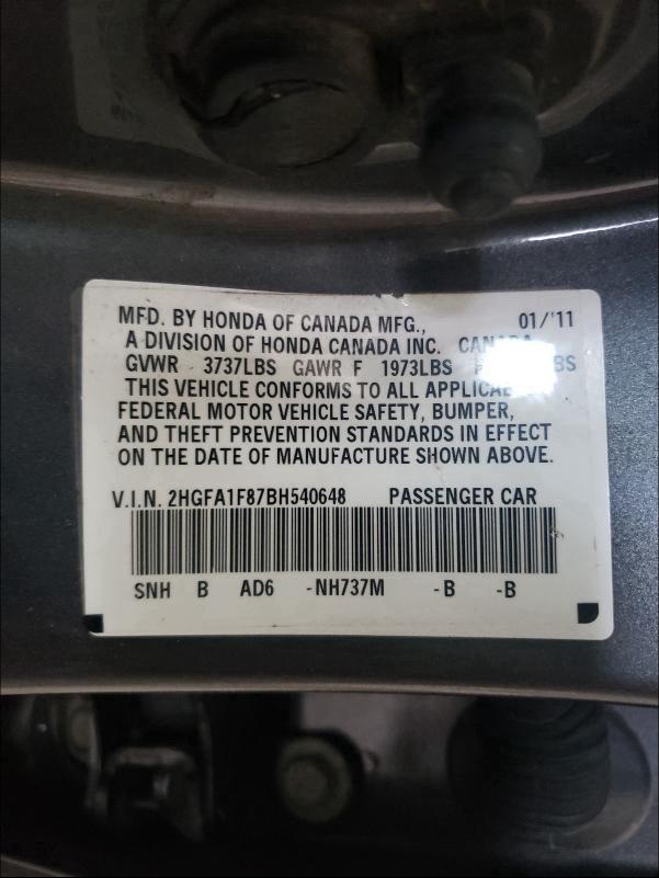 Photo 9 VIN: 2HGFA1F87BH540648 - HONDA CIVIC EX 