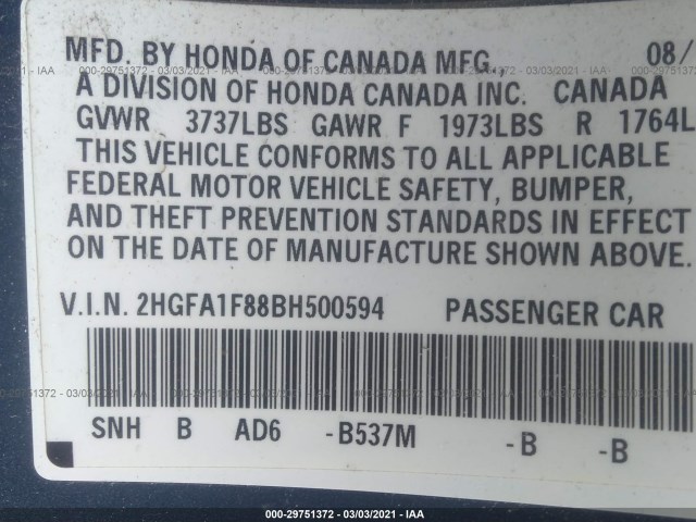 Photo 8 VIN: 2HGFA1F88BH500594 - HONDA CIVIC SDN 