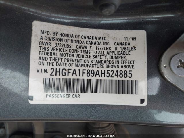 Photo 8 VIN: 2HGFA1F89AH524885 - HONDA CIVIC 