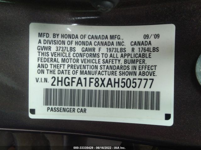 Photo 8 VIN: 2HGFA1F8XAH505777 - HONDA CIVIC SDN 