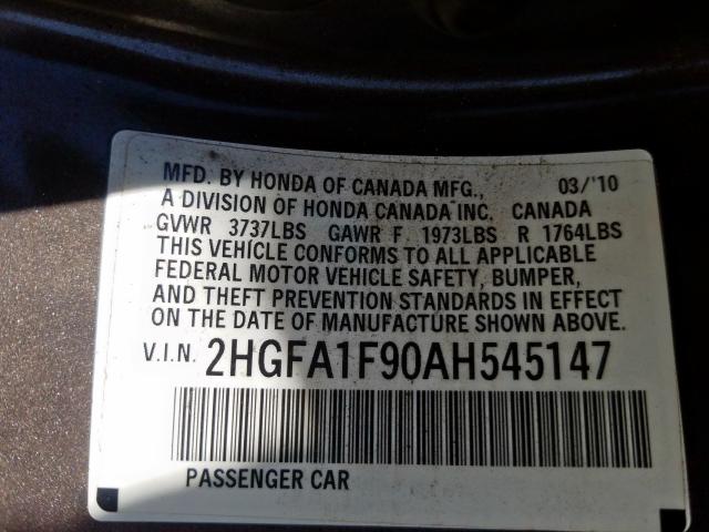 Photo 9 VIN: 2HGFA1F90AH545147 - HONDA CIVIC EXL 