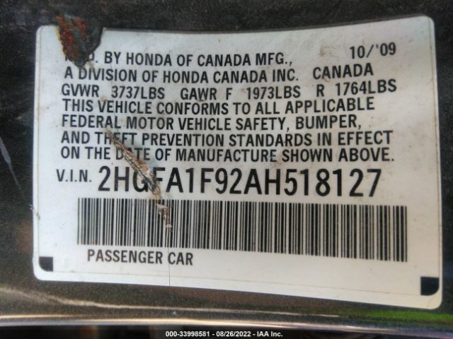 Photo 8 VIN: 2HGFA1F92AH518127 - HONDA CIVIC SDN 