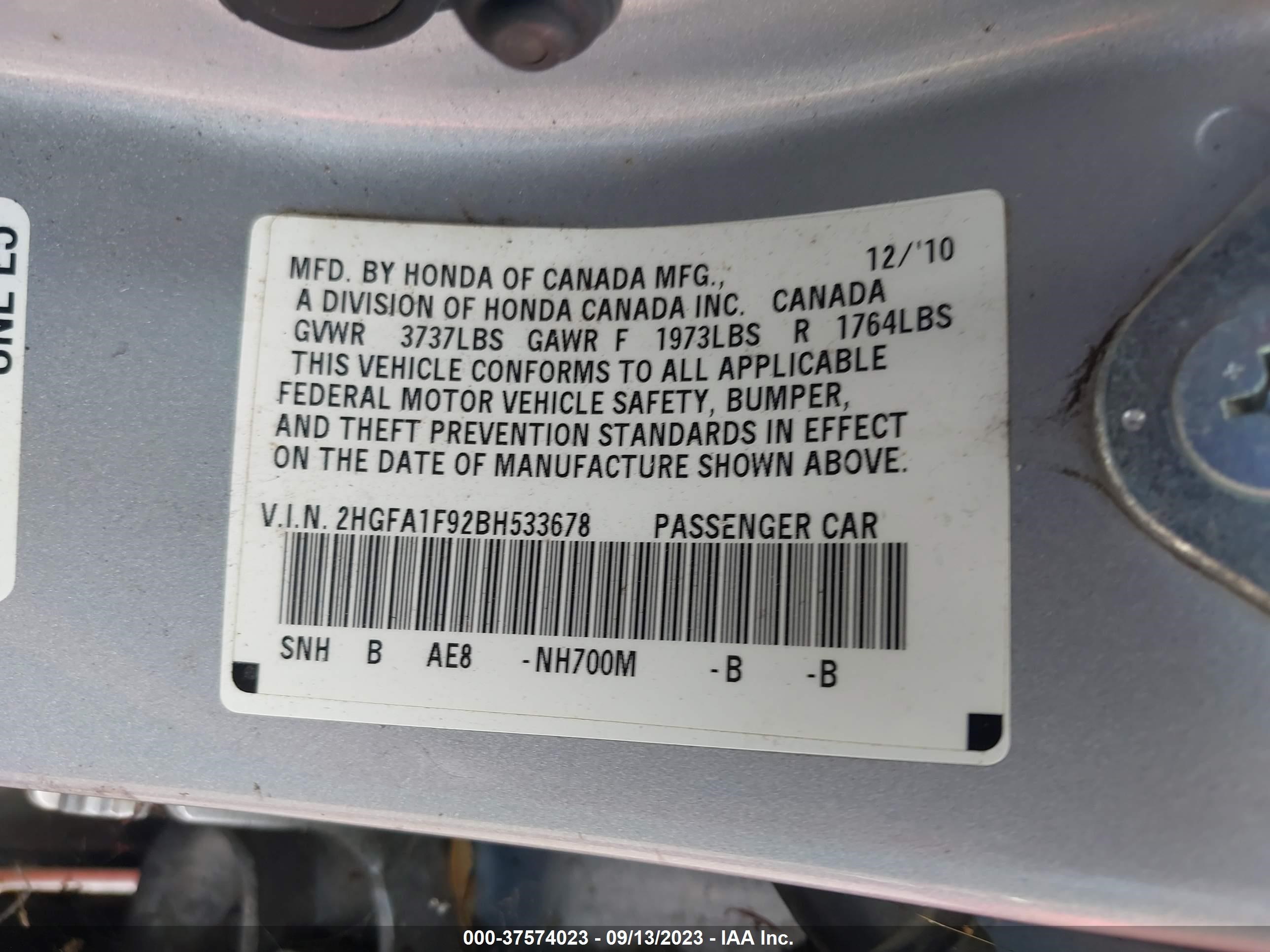 Photo 8 VIN: 2HGFA1F92BH533678 - HONDA CIVIC 