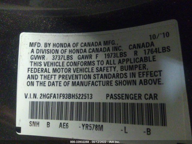 Photo 8 VIN: 2HGFA1F93BH522513 - HONDA CIVIC SDN 