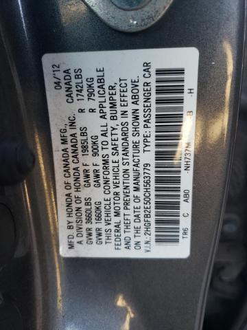 Photo 9 VIN: 2HGFB2E50CH563779 - HONDA CIVIC LX 