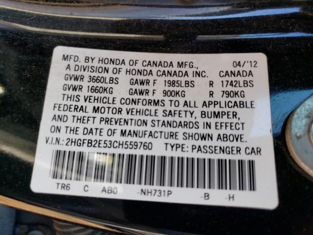 Photo 11 VIN: 2HGFB2E53CH559760 - HONDA CIVIC LX 