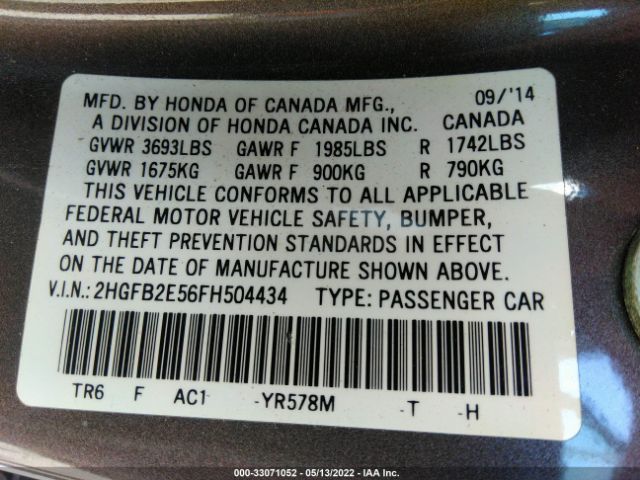 Photo 8 VIN: 2HGFB2E56FH504434 - HONDA CIVIC SEDAN 