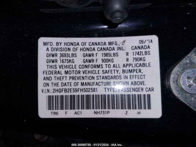 Photo 8 VIN: 2HGFB2E59FH502581 - HONDA CIVIC 