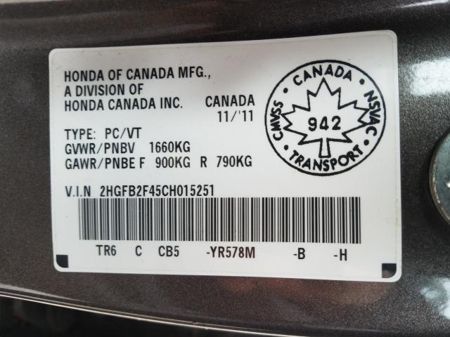 Photo 9 VIN: 2HGFB2F45CH015251 - HONDA CIVIC LX 